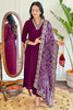 Attractive Wine Sequins Viscose Pant Suit With Bandhani Dupatta