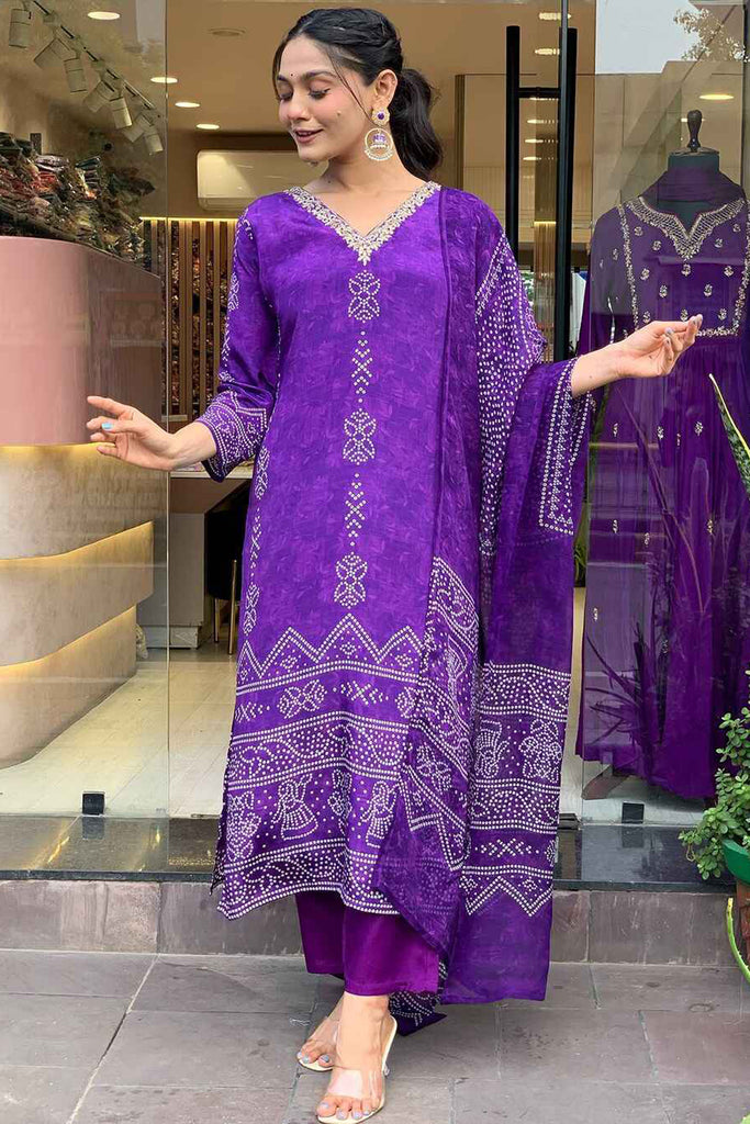 Amazing Purple Printed Crepe Pant Suit With Bandhani Dupatta