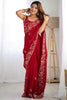 Amazing Maroon Thread Work Satin Wedding Wear Saree With Blouse