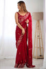 Amazing Maroon Thread Work Satin Wedding Wear Saree With Blouse