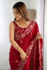 Amazing Maroon Thread Work Satin Wedding Wear Saree With Blouse