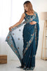 Surprising Teal Blue Thread Work Satin Event Wear Saree With Blouse