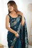 Surprising Teal Blue Thread Work Satin Event Wear Saree With Blouse