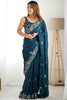 Surprising Teal Blue Thread Work Satin Event Wear Saree With Blouse