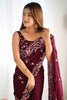 Shocking Wine Color Sequins Work Satin Wedding Wear Saree With Blouse