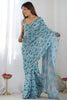 Striking Sky-Blue Digital Printed Chinon Traditional Saree With Blouse