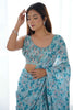 Striking Sky-Blue Digital Printed Chinon Traditional Saree With Blouse