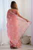 Attractive Peach Sequins Net Party Wear Saree With Blouse