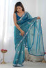 Beautiful Teal Blue Sequins Net Engagement Wear Saree With Blouse