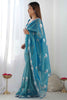 Beautiful Teal Blue Sequins Net Engagement Wear Saree With Blouse