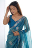 Beautiful Teal Blue Sequins Net Engagement Wear Saree With Blouse