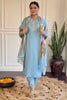 Stunning Sky-Blue Embroidered Viscose Function Wear Pant Suit