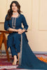 Tantalizing Teal Blue Embroidered Viscose Pant Suit With Dupatta