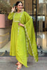 Wonderful Green Embroidered Chinon Pant Suit With Dupatta