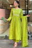 Wonderful Green Embroidered Chinon Pant Suit With Dupatta