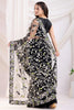 Glamorous Black Thread Embroidered Net Party Wear Saree With Blouse