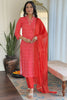 Wonderful Red Printed Muslin Silk Event Wear Pant Suit With Dupatta