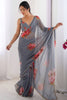 Glamorous Grey Floral Print Georgette Event Wear Saree With Blouse