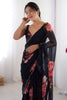 Alluring Black Floral Print Georgette Casual Wear Saree With Blouse