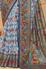 Stunning Sky-Blue Ikkat Printed Silk Festival Wear Saree With Blouse
