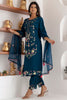 Fantastical Teal Blue Floral Embroidery Viscose Silk Pant Suit