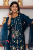 Fantastical Teal Blue Floral Embroidery Viscose Silk Pant Suit