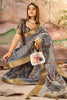 Stunning Brown Printed Dola Silk Traditional Saree With Blouse