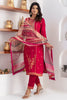 Fantastic Cherry Red Zari Weaving Jacquard Silk Event Wear Pant Suit