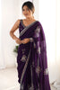 Winsome Purple Beads Work Satin Event Wear Saree With Blouse