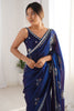 Stunning Navy Blue Sequins Work Satin Event Wear Saree With Blouse