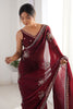 Ravishing Wine Color Sequins Work Satin Party Wear Saree With Blouse