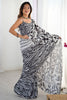 Lovely White Digital Printed Chinon Party Wear Saree With Blouse