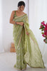 Memorable Pista Green Sequins Organza Event Wear Saree With Blouse
