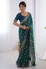 Memorable Teal Blue Printed Georgette Function Wear Saree With Blouse