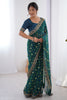Memorable Teal Blue Printed Georgette Function Wear Saree With Blouse