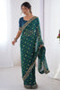 Memorable Teal Blue Printed Georgette Function Wear Saree With Blouse