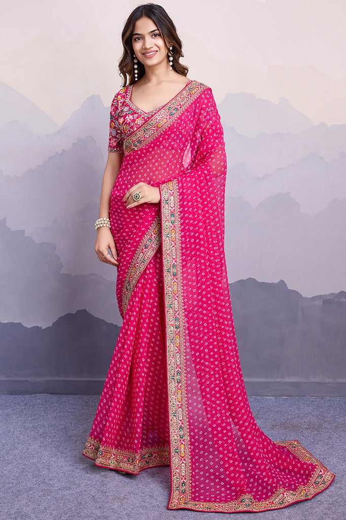 Lovely Pink Bandhani Printed Georgette Wedding Saree With Blouse
