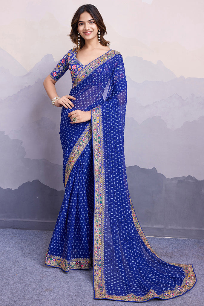 Beautiful Royal Blue Bandhani Printed Georgette Festival Wear Saree