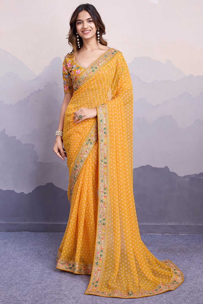 Captivating Yellow Bandhani Printed Georgette Saree With Blouse