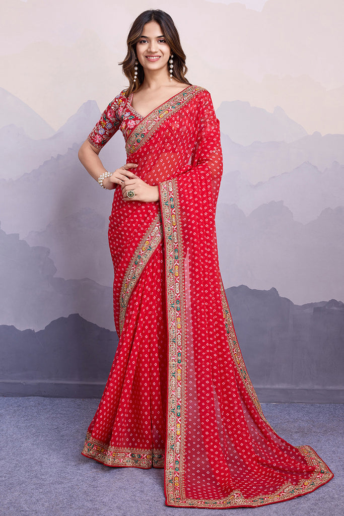 Stylish Red Bandhani Printed Georgette Wedding Wear Saree
