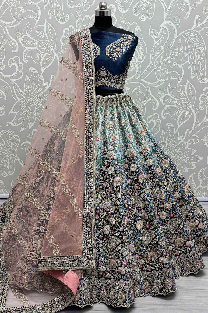 Marvelous Teal Blue Embroidered Velvet Bridal Lehenga Choli