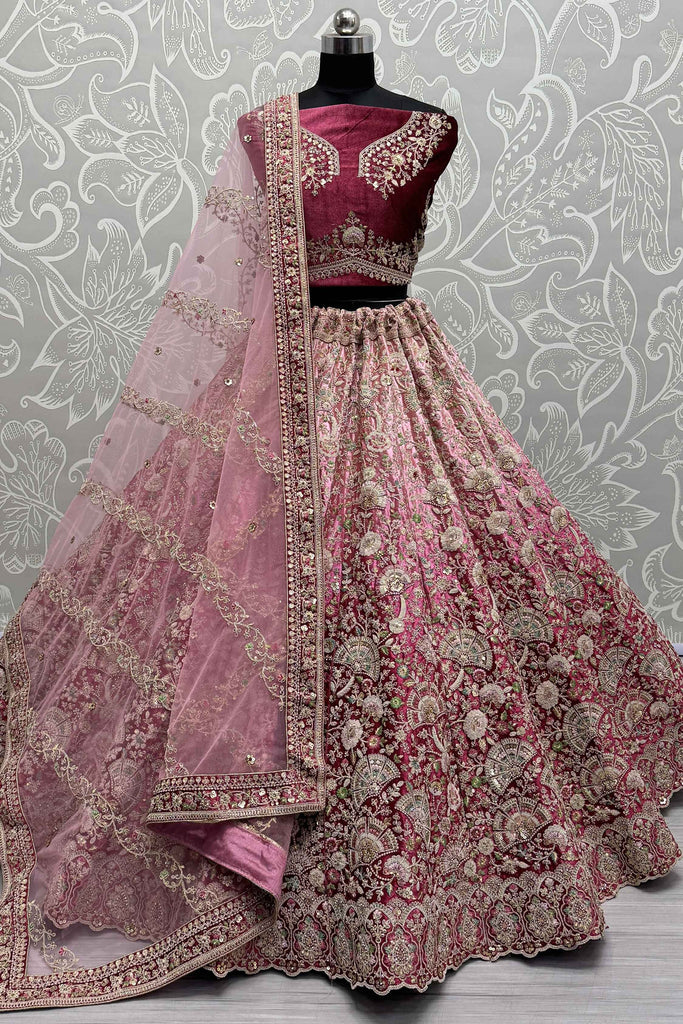 Dazzling Magenta Embroidered Velvet Bridal Lehenga Choli With Dupatta