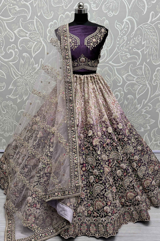 Stunning Purple Embroidered Velvet Bridal Lehenga Choli With Dupatta