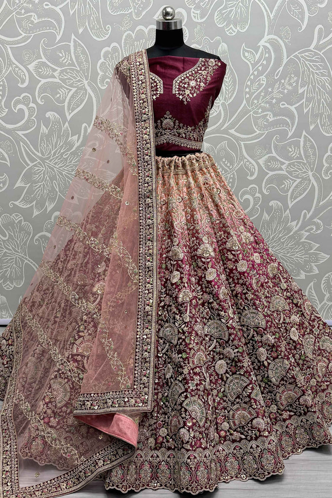 Surprising Pink Embroidered Velvet Bridal Lehenga Choli With Dupatta