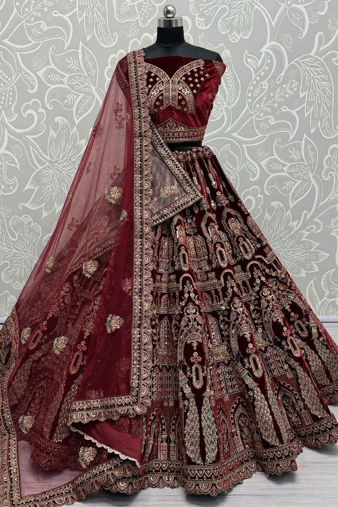 Surprising Maroon Velvet Bridal Lehenga Choli With Double Dupatta