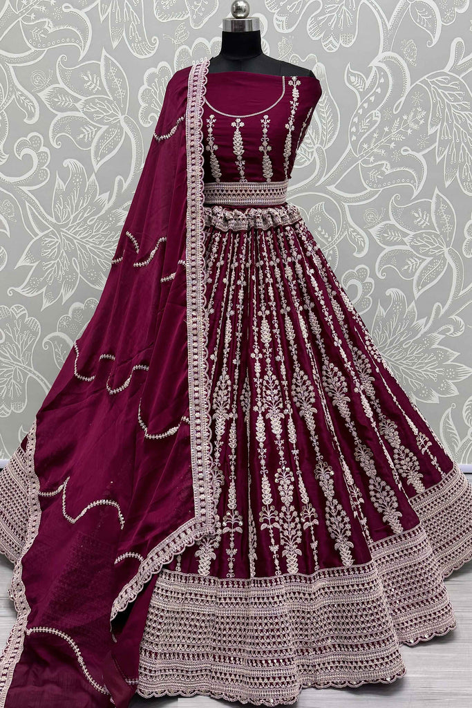 Gorgeous Wine Embroidered Satin Wedding Wear Lehenga Choli