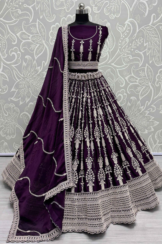 Ravishing Purple Embroidered Satin Party Wear Lehenga Choli