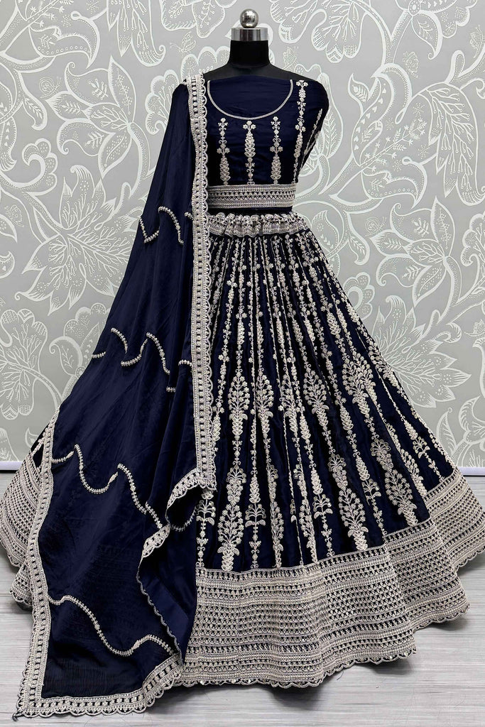 Alluring Navy Blue Embroidered Satin Reception Wear Lehenga Choli