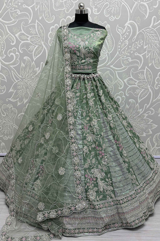 Shocking Pista Green Sequins Silk Designer Lehenga Choli With Dupatta