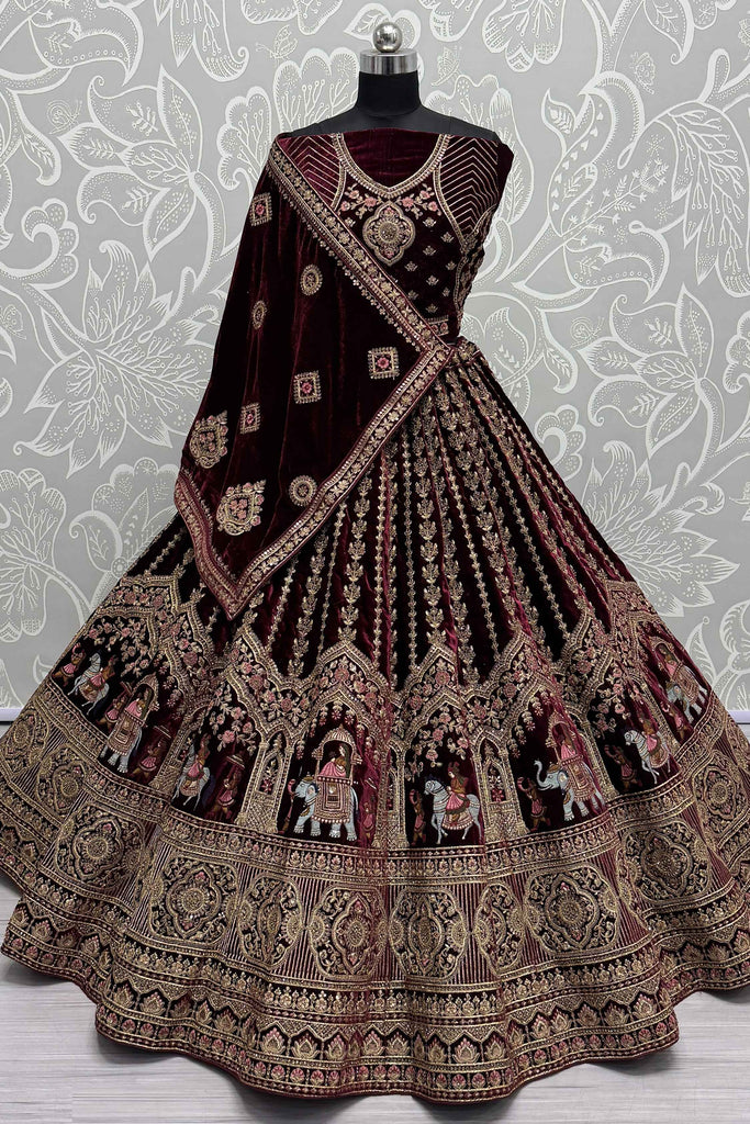 Marvelous Dark Maroon Velvet Bridal Lehenga Choli With Double Dupatta